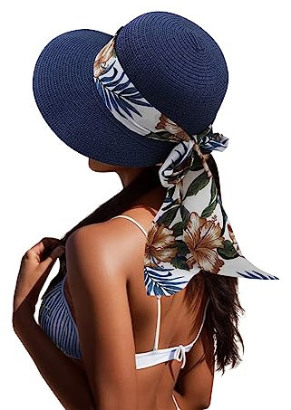 ZYPAINIY Casquettes rétro Chapeau Paille Visières Femme Chapeau d'été Pliable Grande Bord avec Nœud pour Femme Fille Capline Vintage pour Plage 58CM