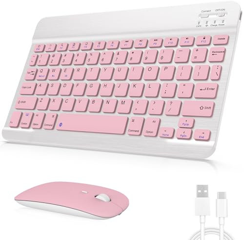 Set tastiera e mouse Bluetooth ricaricabile, tastiera e mouse universale, ultra sottile, per Android, Windows, iPad, iPhone, Samsung, tablet, portatile, compatto, colore rosa