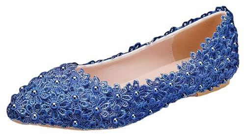 Jamron Womens Elegant Pointed Toe Flower Lace Pearls Bridal Shoes Pumps Soft Sole Ballet Flats Blue SN070435 UK6