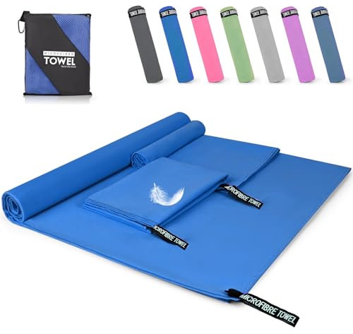 Pfloge® Mikrofaser Handtuch 3er Set, 180x80cm Microfaser Handtücher Groß+ 2 Stück 80x40cm Klein Fitness Handtuch, Farbecht Mikrofaser Badetuch, für Fitness, Sauna,Strand, Reise(Blau)