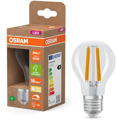 Osram Energy Class nella classica forma a lampadina, 3,8 W / 806 lm, EEK A, luce bianca calda (2700 K), CRI 80, in vetro senza piombo trasparente, attacco E27, IP20, diametro 60 mm, dimmerabile