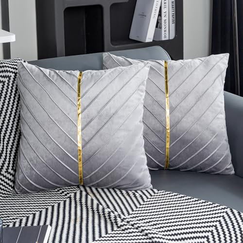 Jayusaror Kissenbezug 45x45 Samt Grau Dekokissen Gold Zierkissenbezug Deko Kissen Kissenhülle Weiche Kissenbezüge Moderne Zierkissen Bezug für Sofa Couch Schlafzimmer Wohnzimmer 2er Set