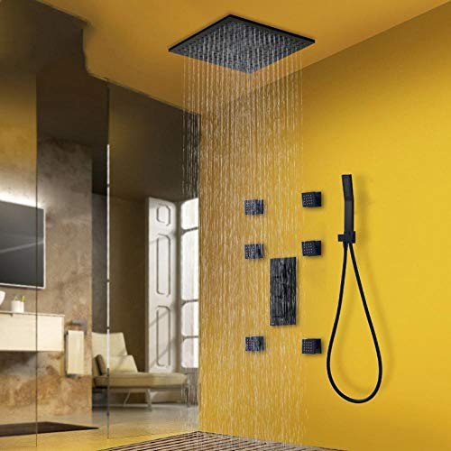 DRFGNF Kit de grifos de Ducha termostáticos, Cabezal de Ducha de latón, 6 Piezas, chorros de Masaje SPA, Grifo Mezclador termostático Negro de 3 vías, Ducha de baño, Juego Completo de 20 Pulgadas