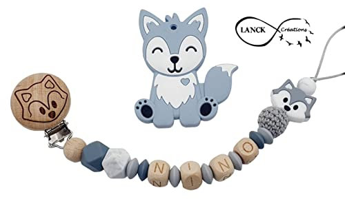 Attache tétine sucette personnalisée/prénom/bébé naissance cadeau, modèle Animal gravé silicone et bois (Attache tétine uniquement)