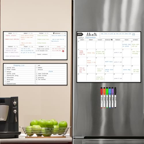 JJPRO Non-Magnetic Dry Erase Monthly Calendar,Weekly Planner and List for Fridge-Monthly Calendar 3PCS Set for Refrigerator-Reusable Planners Stick to All Smooth Surfaces,Fridge,Wall&Door
