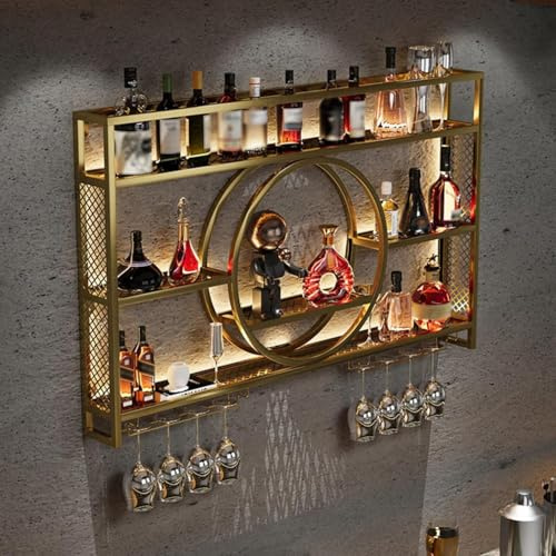 Wohnzimmer Bar,barschrank Vintage Retro Bar Regal Wand Gold Beleuchtung Hängend Flaschenregal Wandmontage Schmal Schnapsregal(Size:140 * 15 * 80cm,Color:Gold)