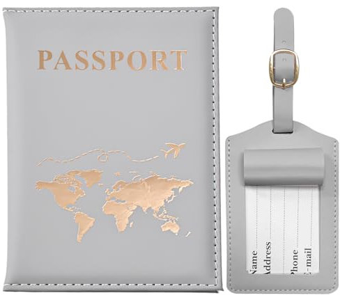 Reisepasshülle, Gepäckanhänger, Reisepasshülle aus PU-Leder, Reisebrieftasche für Reisepass, Ticketkarte, Bordkarten, Kreditkarte, Visitenkarten (Grau)