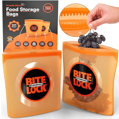 Bitelock XL Reusable Silicone Freezer Bags (2 Pack) – Extra-Thick Food Bags – Unique Teeth Interlocking Airtight & Leakproof Seal, Dishwasher Safe, BPA-Free (2x1200ml)