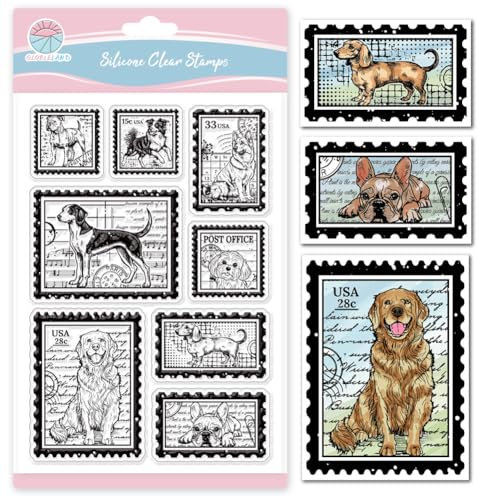 GLOBLELAND Vintage Hunde Briefmarken Transparente Stempel für Scrapbooking 6.3x4.33 Zoll Welpen Klare Stamps Golden Retriever Silikonstempel Für Kartengestaltung DIY Prägung Journaling