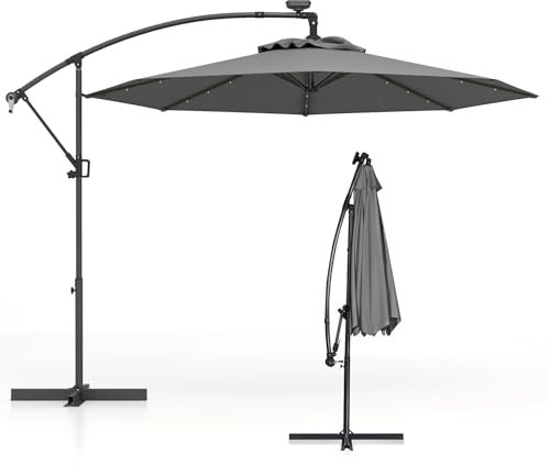 KOMFOTTEU Parasol Déporté avec LED, φ300 cm, Parasol de Jardin, Support et Rotation à 360 °, Parasol Inclinable, pour Terrasse, Piscine, Café, Hauteur intérieur de 230 cm (Gris)