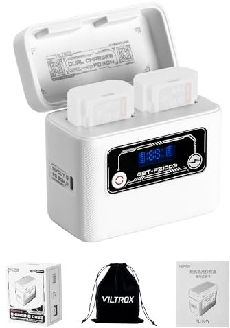 VILTROX BT-FZ100 Chargeur de Batterie Appareil Photo pour Sony NP-FZ100/VILTROX TNP-FZ100 avec Batterie intégrée 40,7Wh, 30W Double Fente Chargeur Rapide, Port USB-C, Écran LCD, Coque magnétique