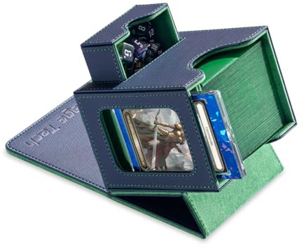 Mage Tech Commander Deck Box – Diseño patentado, vitrina para 100 tarjetas doble función, porta tarjetas magnéticas 35 pt, bandeja para dados – Azul/Verde