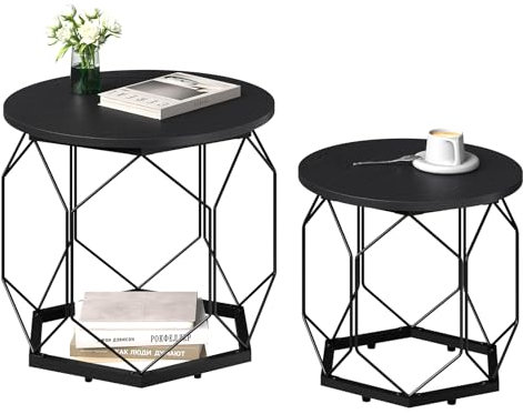 WOLTU 2er Set Couchtisch, Beistelltisch mit runder Tischplatte, Sofatisch mit hohlem Metallrahmen, Wohnzimmertisch mit Stauraum, aus Holzwerkstoff, Schwarze Holzoptik,BTS05szdc