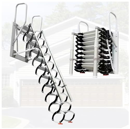Ausziehbare Dachboden-Leiter, Ziehharmonika-Dachbodentreppe, extra breites wandmontiertes Teleskop-Design mit Armlehnen, 300 kg Kapazität für Zuhause, Garage, Lagerung