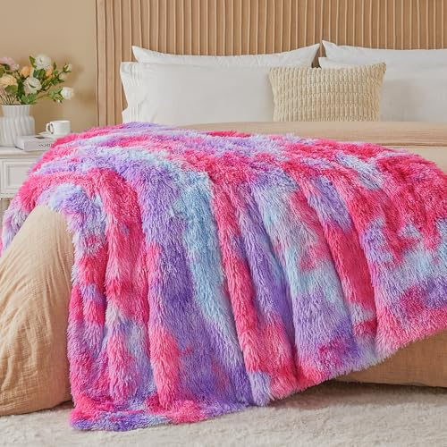 EMME Faux Kuscheldecke Flauschig, 220 x 240 cm, Felldecke, Pelz Wolldecke, Wohndecke, Super Weich, Plüschig, Warme Fleecedecke, Dicke, Elegant, Überwurf Für Sofa und Bett, Regenbogen-Rosa Lila