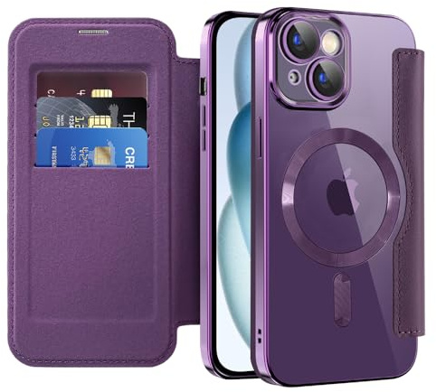 SIYOPINPFY Wallet Case for iPhone 15 with Card Holder, Purple JD | [Compatible with MagSafe] [RFID Blocking] Premium Flip Leather Card Slots Holder , Magnetic Clear Back Shockproof Phone Case