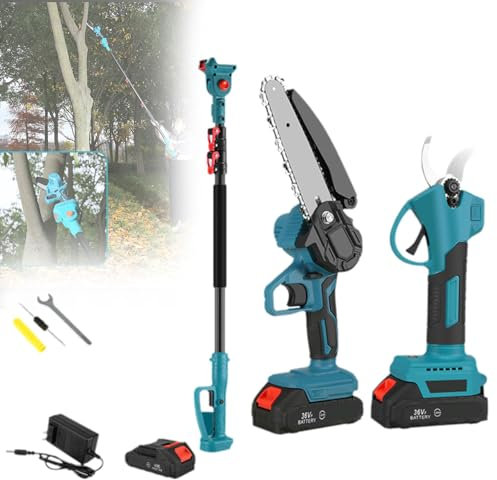 Cordless Pole Saw 3 in 1 High Branch Saw with Brushless Chainsaw, 2 Batteries, Pruner Shear, 2M Telescopic Rod, Battery and Charger Included for Garden Tree Trimming and Pruning