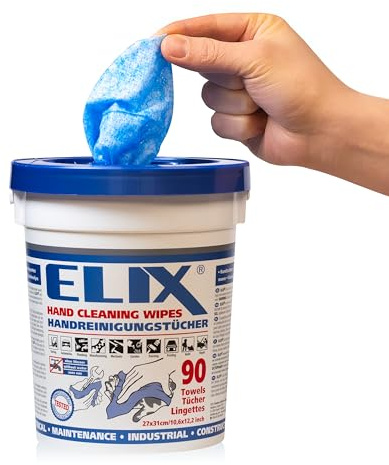ELIX Handreinigungstücher – 6*90 Stück im Eimer - Handreinigung ohne Wasser | Weiche & Abrasive Seite - Größe 31*27cm - Feuchttücher zur Handreinigung - Hände und Werkzeugen reinigen ohne Wasser & Seife
