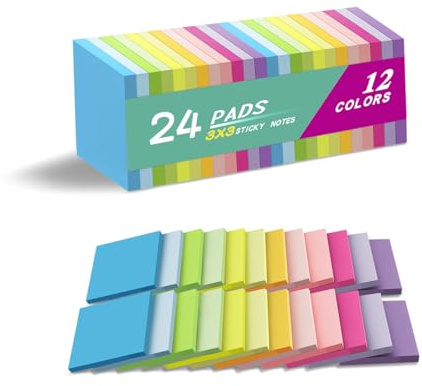(24 Pads) Sticky Notes 3x3 Inches,Bright Colors Self-Stick Pads, Easy to Post for Home, Office, Notebook