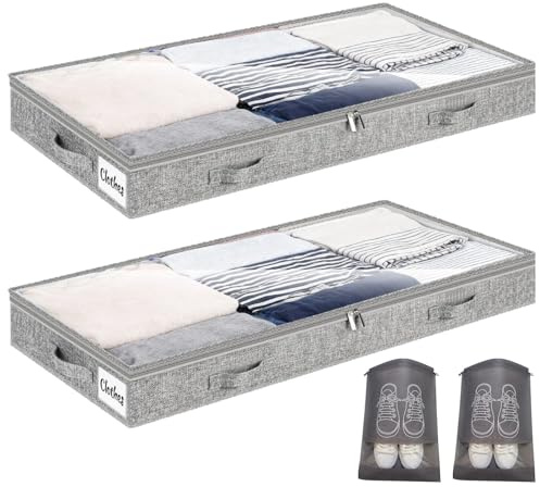 Unterbett Aufbewahrungsbox 2 Stück Unterbettkommode und klarem Transparenter Deckel, 10 cm hoch Faltbar Unterbett Aufbewahrung mit 4 Griffen & 2 Reißverschluss für Kleideraufbewahrung & Organisation