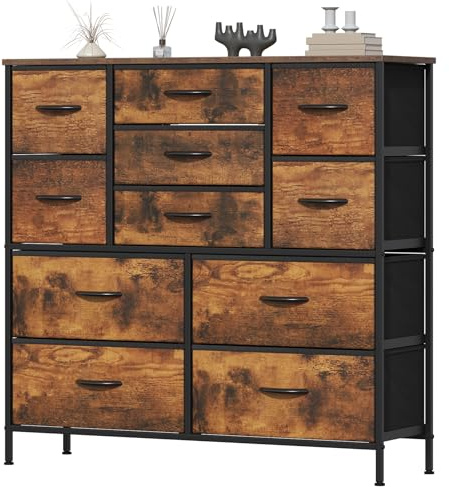 Feonase Chest of Drawers, Bedroom Tall Dresser with 11 Fabric Drawers, Metal Frame & MDF Wood Top, Adjustable Feet, Storage Organizer Unit for Bedroom, Closet, Living Room, Hallway Rustic Brown