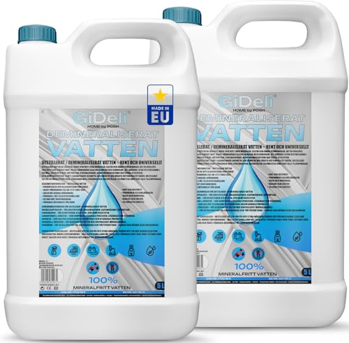 GiDeli Acqua demineralizzata 2 x 5 l acqua distillata per ferro da stiro, batterie, refrigeratore, umidificatore, acquario e laboratorio acqua senza calcare, inodore, trasparente