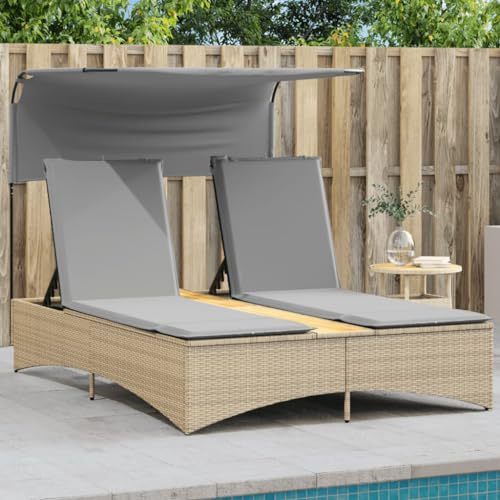 Owoxanthellate Doppel-Sonnenliege mit Dach und Auflagen 136x202x140 cm Beige Poly-Rattan 5-Fach verstellbare Rückenlehne UV-beständig und wetterfest für Garten Balkon und Terrasse
