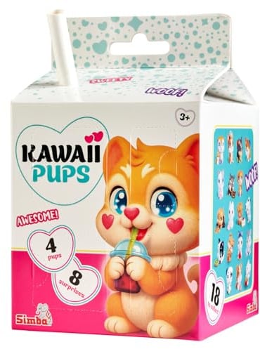 Simba Kawaii Pups Sammelfiguren Set – 4 Hündchen (4,5 cm) mit Mini-Lebensmitteln & Sammelkarten, Überraschungsset mit zufälliger Auswahl, Spielset für Kinder ab 3 Jahren