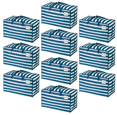 VENO Pack of 10 Large Storage Bags with Cover and Reinforced Handles, Moving Boxes, 102 L Resistant Storage Boxes for Clothing (Classic Navy Stripes, Pack of 10)