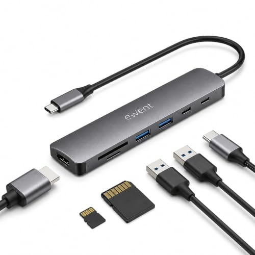 Ewent Hub USB-C 7 en 1 con HDMI 4K 60Hz, USB 3.2 Gen1, Carga Rápida PD 100W, 2 USB-A, USB-C Datos, Lector SD/TF, Dock Multiport para Laptop, MacBook, Tablet y Smartphone