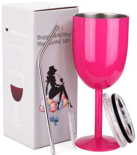 Amzushome Verre à vin en acier inoxydable – Double Paroi isotherme incassable Verre à vin avec couvercle et paille (283,5 gram) Roseo