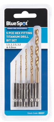 Blue Spot Tools Juego de 5 brocas hexagonales con revestimiento de titanio, hexagonales de 1/4 pulgadas, tamaños 1.5, 2, 2.5, 3.2, 4.8 mm