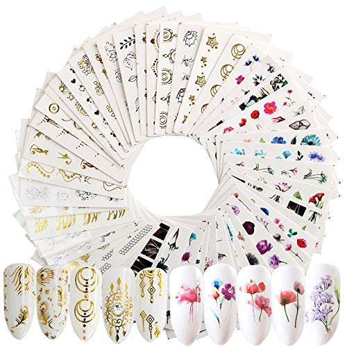 54 Sheets Water Transfers Nail Art Stickers Decals Self Adhesive for Women Girls Gel Nails Art Design - Colorful Flowers, Gold and Silver Butterfly Stars Feather Pattern Mixed
