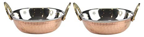 GK Global Kitchen Copper Kadai Karahi Hammered Double Wall Balti Dishes Curry Serving Bowls Indian Platter Stainless Steel Kadhai Multipurpose Rim Serving Bowls Set (2, 13cm)