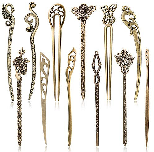 AUHOTA Vintage Bronze Decorative Hair Pin Chopsticks, 12 Styles - Antique Retro Hair Forks for DIY Accessory, 12 Pieces