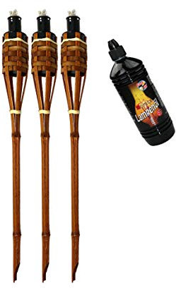 3x Bambusfackeln Fackel Deluxe 60 cm dunkelbraun + 1x 1000ml Lampenöl Gartenfackel Ölfackeln Garten Deko Öllampe Wegleuchte