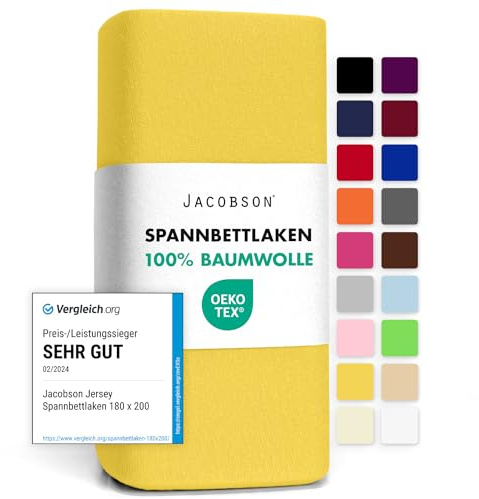 Jacobson Jersey Spannbettlaken Spannbetttuch Baumwolle Bettlaken (120x200-130x200 cm, Gelb)