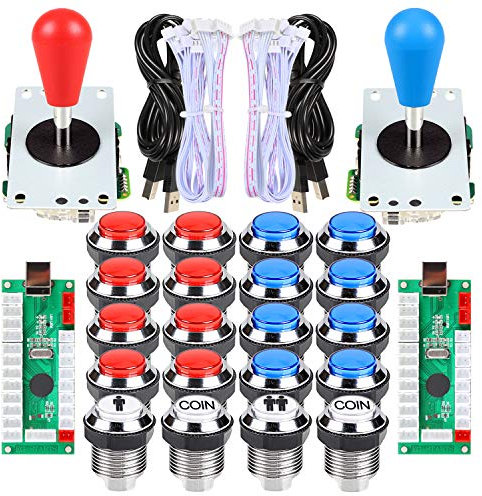Fosiya 2 Jugador Arcade DIY Kit Arcade Ellipse Oval Style 8 Ways Bat Joystick + LED Chrome Arcade Botones para Videojuegos Mame PC Windows Raspberry Pi 3 4 (Red Blue)