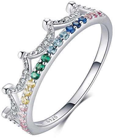 Qings 925 Sterling Silber Kronenring, Weißgold überzogener Ring mit Bunten Zirkonias, Schmuck Geschenke für Mädchen Frauen Damen Geburtstag Hochzeit