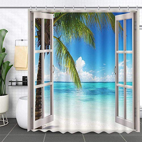 MEHOFOND Summer Beach Shower Curtain Tropical Island Palm Trees Ocean White Wooden Windows Waterproof Polyester Balcony Seascape Shower Curtain Set with Hooks Bathroom Decoration 72x72
