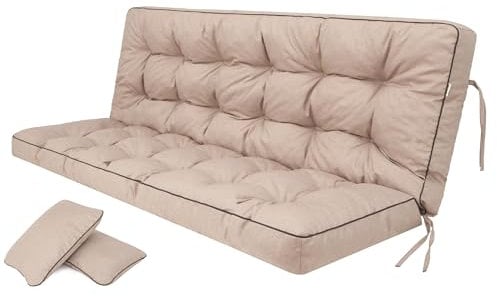 PillowPrim Beige Kissen für Hollywoodschaukel, Gartenschaukelkissen 150 cm, Komfort Sitzbank mit Rückenlehne, Inklusive Zwei Rückenlehnen-Kissen