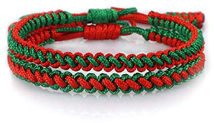 Woven Bracelet,2Pcs Handmade Braided Red Green Rope Adjustable Tibetan Buddhist Charm Bracelets Lucky Friendship Gift For Boy Girl Couples Men Women