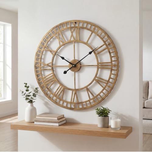 Heaven4you Large Gold Wall Clock 60cm Skeleton Roman Numerals Bronze Metal | Antique gold bronze skeleton frame, black hands. 60cm/23.6in. Silent sweep, no ticking. Hook & guide. Living room, lounge
