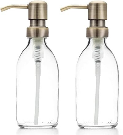 Clear Glass Bottles 250ml Soap Dispenser with Metal Pump (BPA-Free) Clear Glass Empty Pump Bottles – Reusable, Refillable, On-Trend, Eco friendly, Sustainable Living/Gift (Antique Brass Style, 2)