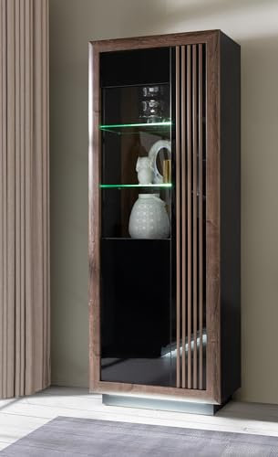 Forte Savona Vitrine L 70 80, Moderne Kommode mit 1 Tür, Sideboard, Holzwerkstoff, Schwarz/Edeleiche/Schwarz Hochglanz, 73,3 cm breit x 197 cm hoch x 42,3 cm tief