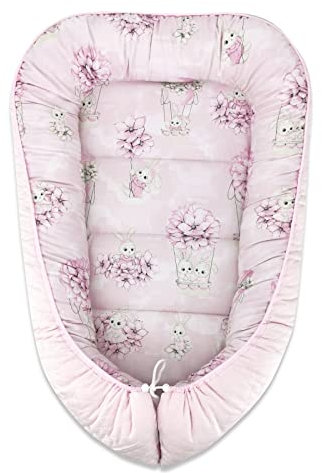 Baby Delux Babynest Babykokon Kuschelnest für Neugeborene zweiseitig 100% Baumwolle Samt antiallergisch (Häschen rosa)