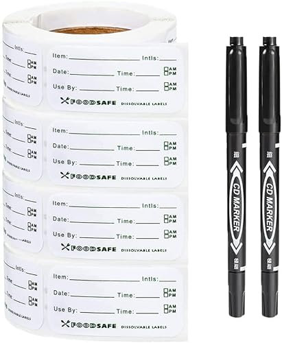 Etiquetas autoadhesivas para almacenamiento de alimentos, 1000 etiquetas de almacenamiento de alimentos, etiquetas autoadhesivas para fechas, 4 rollos con 2 rotuladores (blanco)