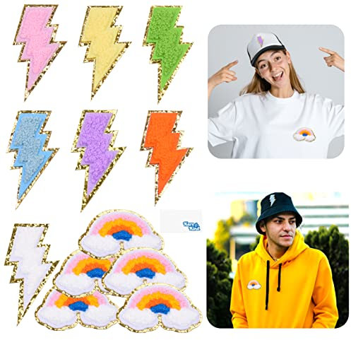 Kare & Kind Patches zum Aufbügeln (Blitz und Regenbogen) - zum Aufnähen/Eisen für Kleidung, Hemden, Uniform, Kleider, Jacken, Taschen, Hüte, – Heimwerken, Basteln, Kunst, Nähen