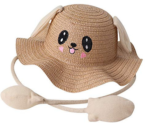haozaikeji Kinder-Sonnenhut aus Stroh, atmungsaktiv, breite Krempe, Sommerhut mit springenden Hasenohren, Sonnenschutz, Strandhut für Reisen und Outdoor-Aktivitäten, khaki, One size
