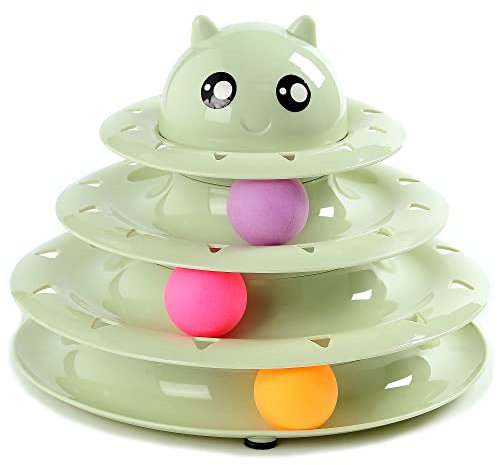 Vealind Cat Toys Interactive Fun Roller Exerciser 3 Level Tower Ball Toy Kitten Teaser Toy with Colorful Balls (Green)